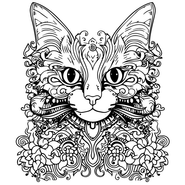 An angry cat head coloring page for adults