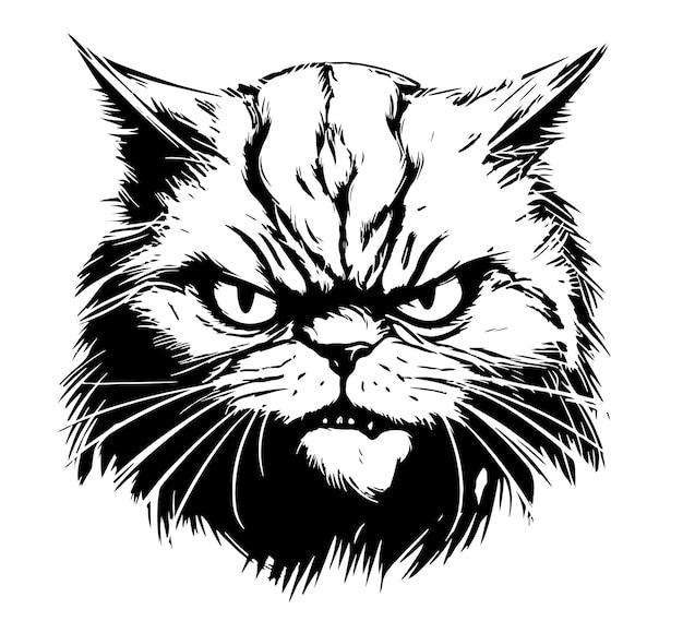 화난 고양이 잉크 일러스트레이션 간단한 단색 스타일