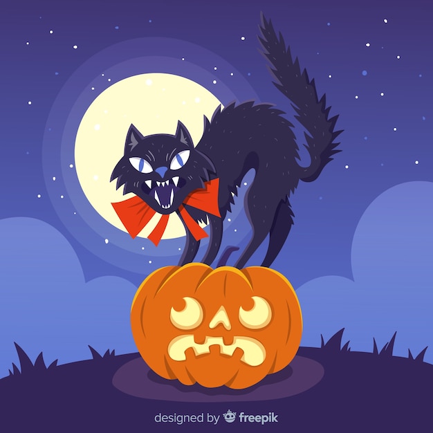 Vector angry cat sitting on a scared pumpkin