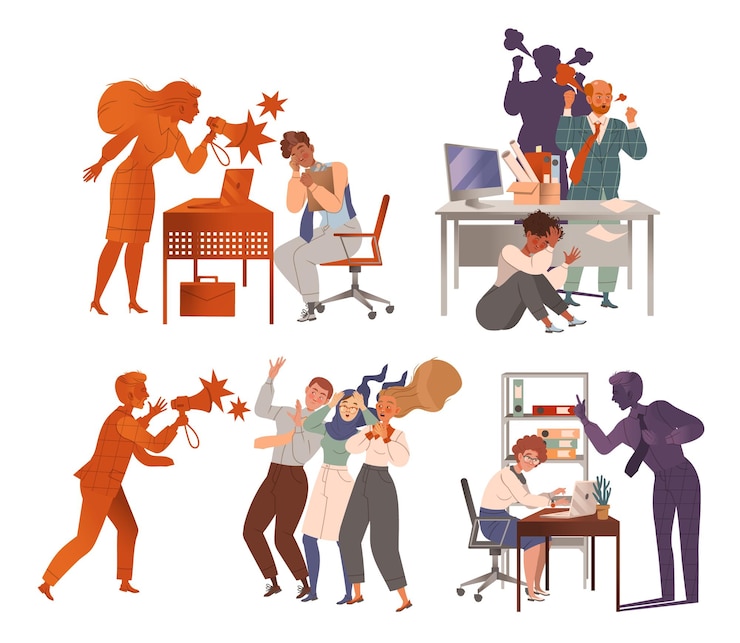 Vector angry chiefs yelling at employees set evil boss and stressed staff vector illustration