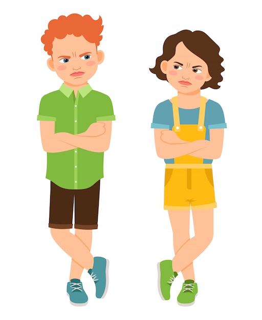 Angry children with crossed hands isolated. Frown sad boy and tough girl vector illustration