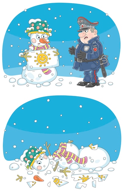 太陽のポスターを持って臆病な雪だるまを壊す怒っている警官