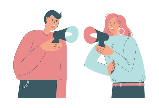 Angry couple arguing, screaming at each other through megaphones, flat vector illustration. Family conflict, quarrel.