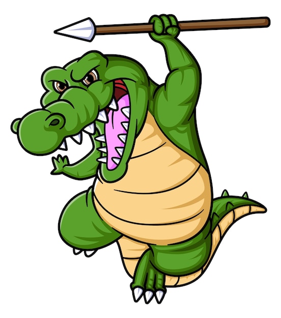 Angry crocodile cartoon holding a spear