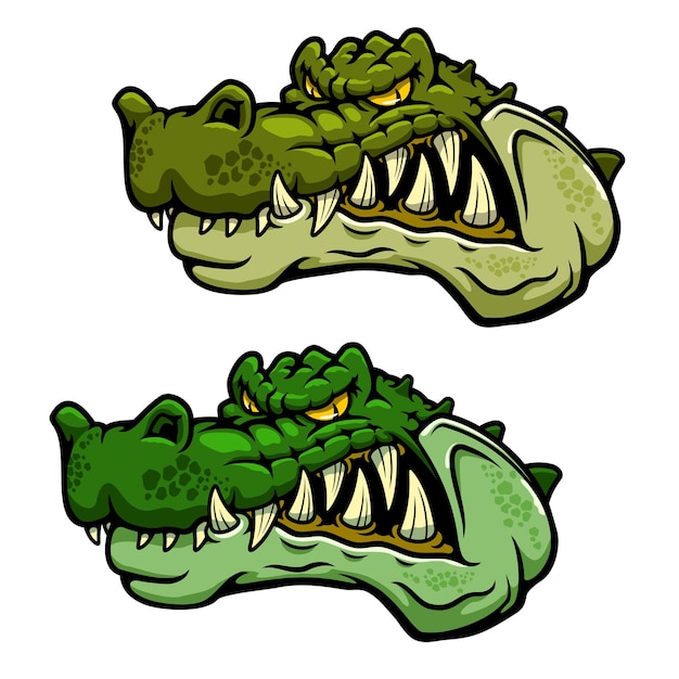 Vector angry crocodile character head with bared teeth and rugged armored green skin, for sporting mascot or tattoo design