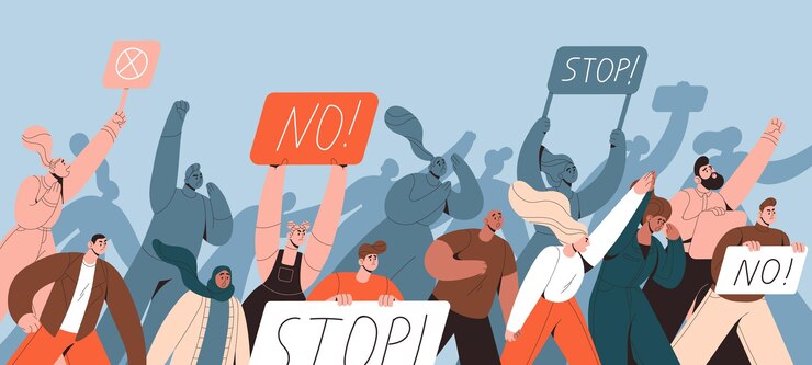 Vector 抗議のピケットでバナーを持った怒った群衆 ストップサインを掲げた人々 権利のための街頭デモ 革命の活動家 スミスに対する公共集会 フラットベクトルイラスト