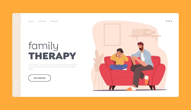 Angry Dad Character Sit on Couch Scold Son Landing Page Template. Offended Boy Closing Ears with Hands Ignore Mad Father Talking, Dispute or Quarrel at Home. Cartoon People Vector Illustration