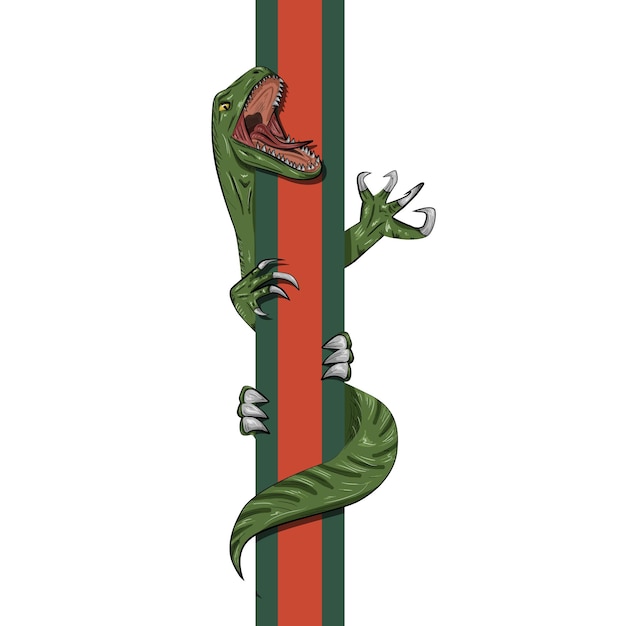 화난 공룡 벨로시랩터가 녹색과 빨간색 기둥에 비명을 지른다