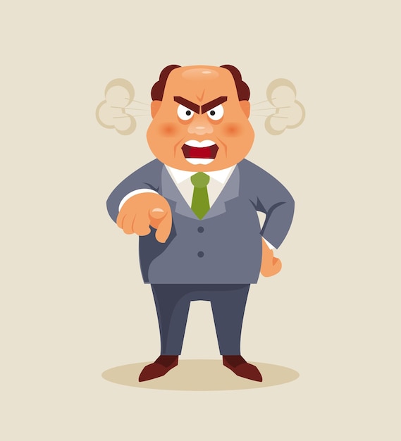 Vector angry director shouting and pointing finger. business conflict