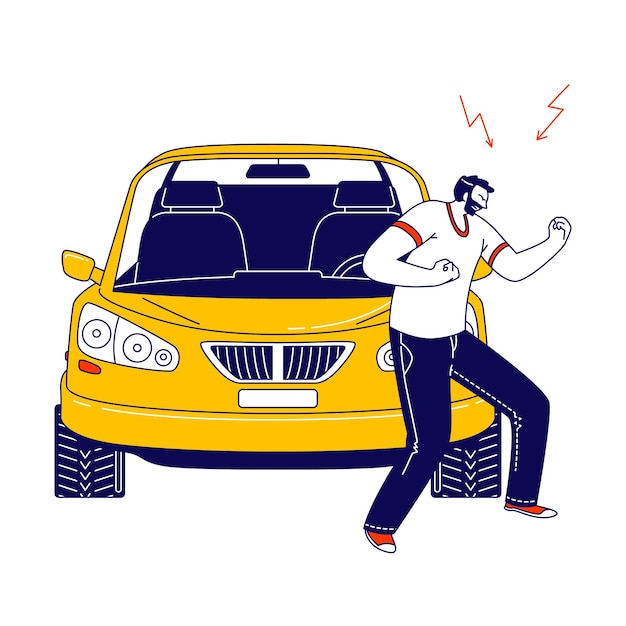 Vector angry dweller man arguing and waving fists prepare to fight standing on roadside with automobile.