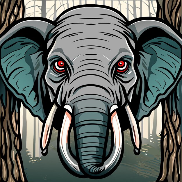 Vector angry elephant close up in madera foggy forest hand drawn isolated illustration