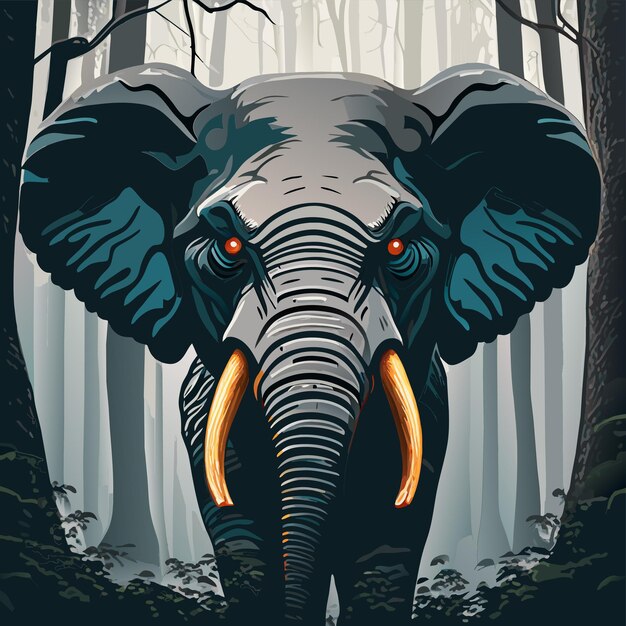 Vector angry elephant close up in madera foggy forest hand drawn isolated illustration