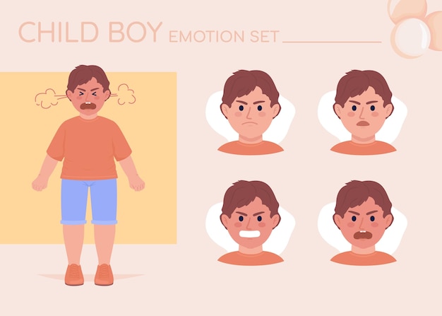 Злой взволнованный маленький мальчик полуплоский набор эмоций персонажа цвета