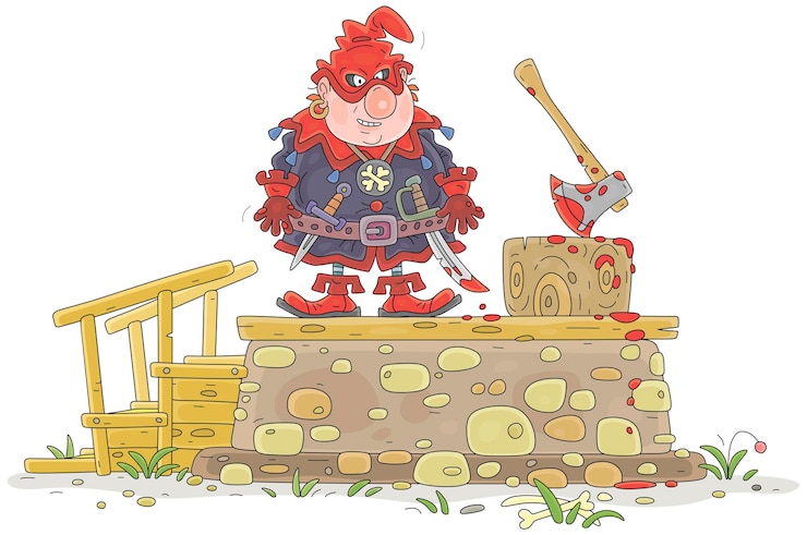 Angry executioner with a wicked grin on an execution block with an ax and a big tree stump