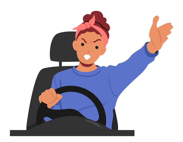 Vector angry female character in the car agitated woman in auto yelling and arguing while driving displaying signs of anger