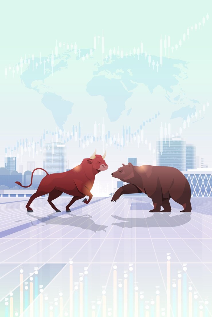 Vector angry fighting bull and bear in attacking pose dangerous mammal animals market trend stock exchange trading