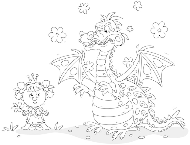 Vector angry firebreathing mythical dragon and a funny little princess of a fairytale kingdom