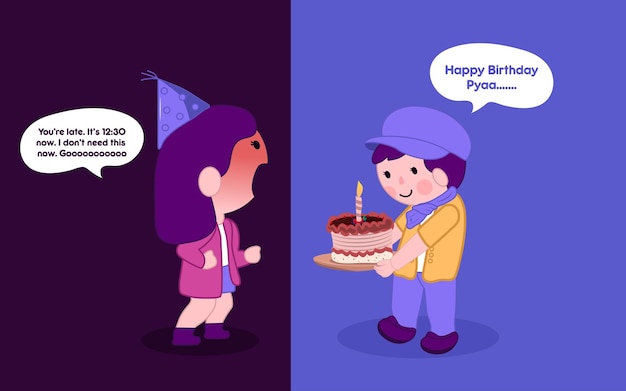 Vector angry girl and boy illustration. birthday celebration and birthday wishes illustration.