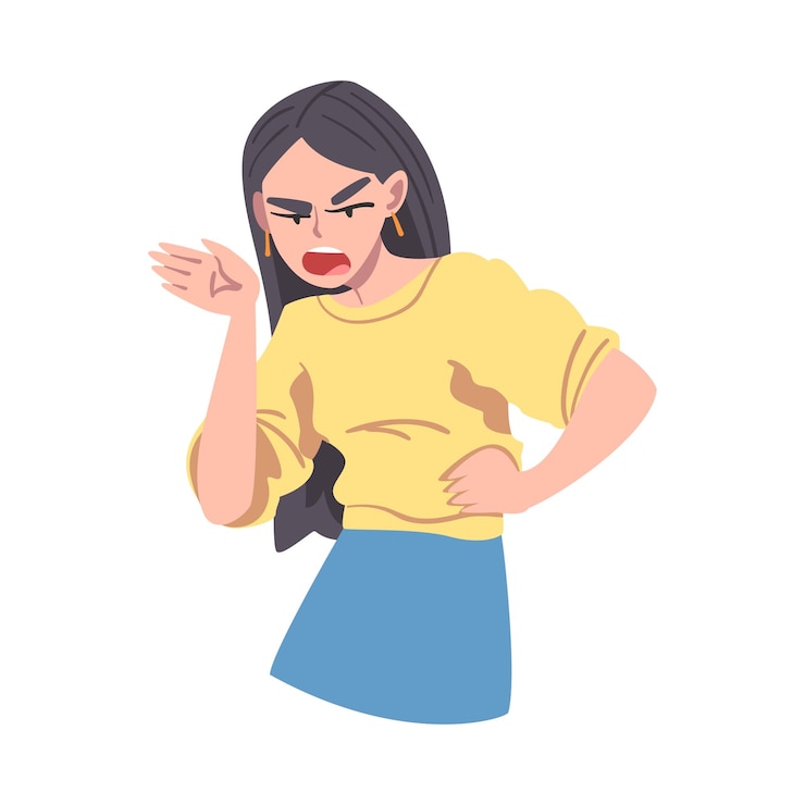Vector angry girl grumpy young woman human emotions and feelings concept cartoon vector illustration