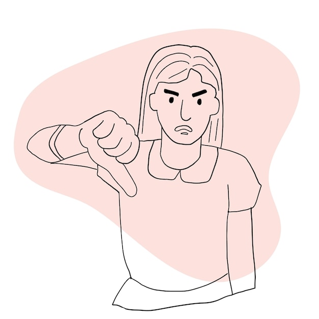 Vector angry girl puts her thumb down a gesture of disapproval negative emotion of a man dislike line art