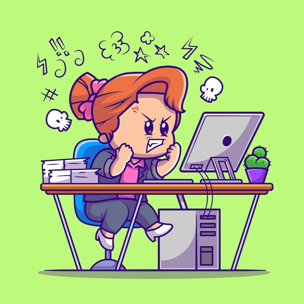 Vector angry girl working on computer cartoon vector icon illustration. people technology icon concept isolated premium vector. flat cartoon style