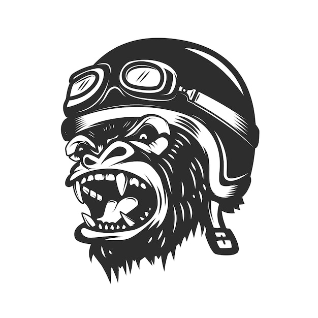 Злая горилла обезьяна в шлем гонщика. элемент для логотипа, этикетки, эмблемы, плаката, футболки. иллюстрация