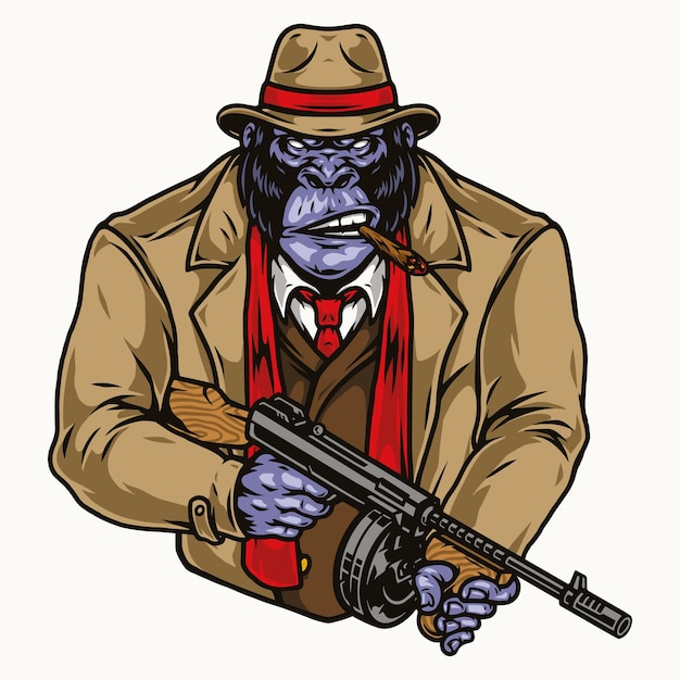 Angry gorilla gangster holding thompson submachine gun in style isolated