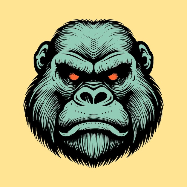 An angry gorilla head with red eyes