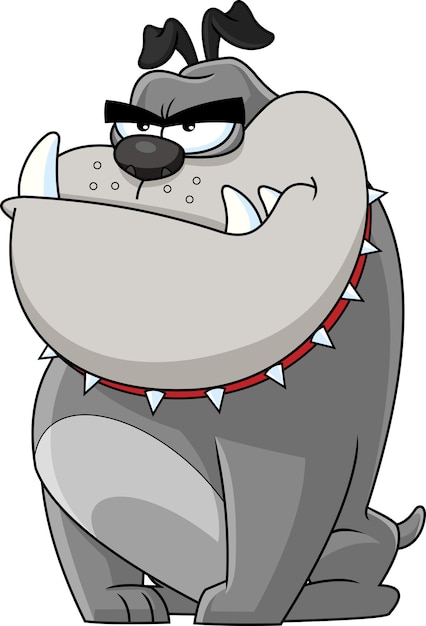 Personaggio mascotte dei cartoni animati bulldog grigio arrabbiato con colletto a spillo. illustrazione disegnata a mano di vettore