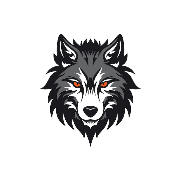 Angry gray wolf head with red eyes dangerous forest predator minimal logo vector flat illustration Dangerous coyote furry mad beast muzzle portrait power strong wild animal icon for hunting zoo