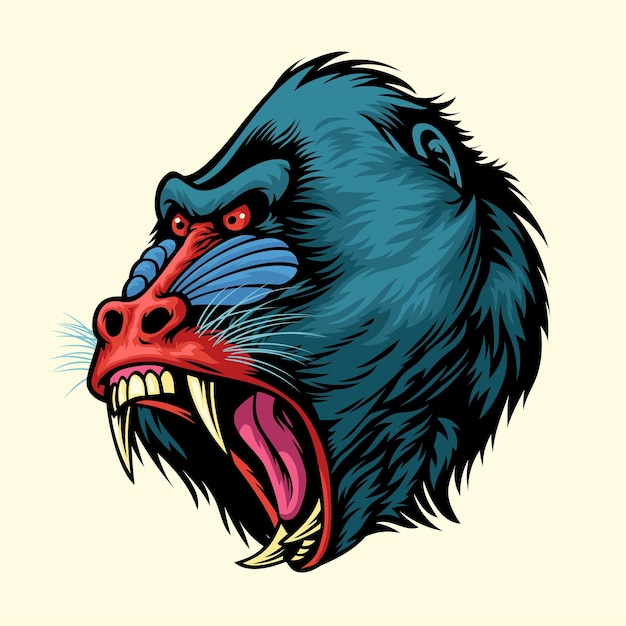 Angry hand drawn of mandrill monkey head