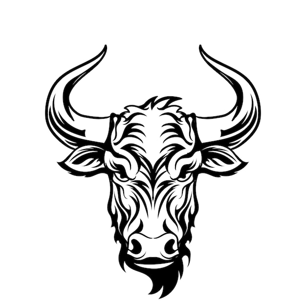 Vector angry head face mascot of bull design of aggressive buffalo portrait black white line art