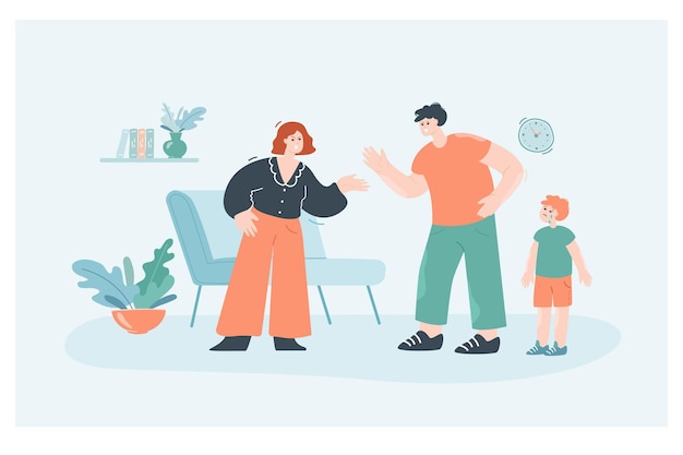 Angry husband and wife arguing in front of crying son at home. Quarrel between mother and father, upset child flat vector illustration. Family, relationship, divorce concept for banner, website design