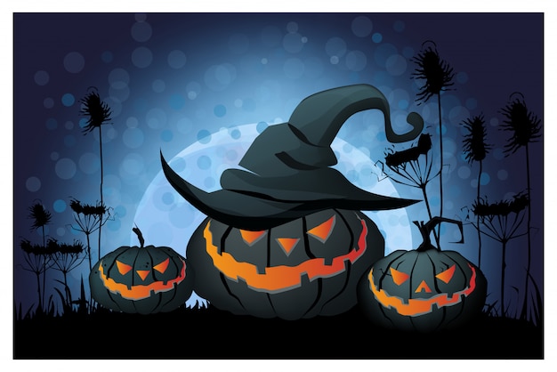 Angry jack o lanterns on full moon illustration