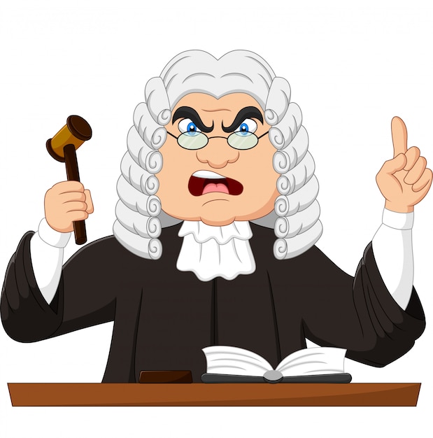 Vector angry judge holding gavel and pointing up