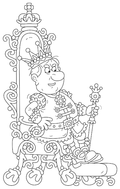 황금 왕관과 엄숙한 왕실 복장을 한 화난 왕은 궁전 같은 의식에서 왕좌에 앉아 있습니다.