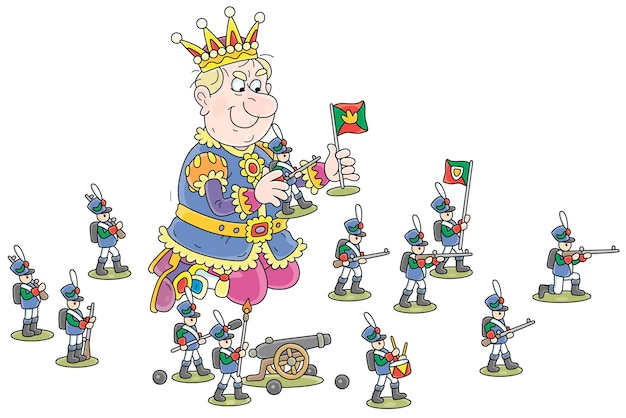 おもちゃの兵隊で遊んでいる怒っている王と軍事ゲームでの攻撃で彼の小さな軍隊を率いる