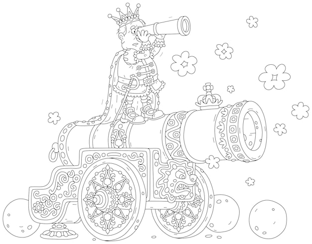 Разгневанный король смотрит на врага с прицелом и собирается стрелять из своей королевской огромной пушки