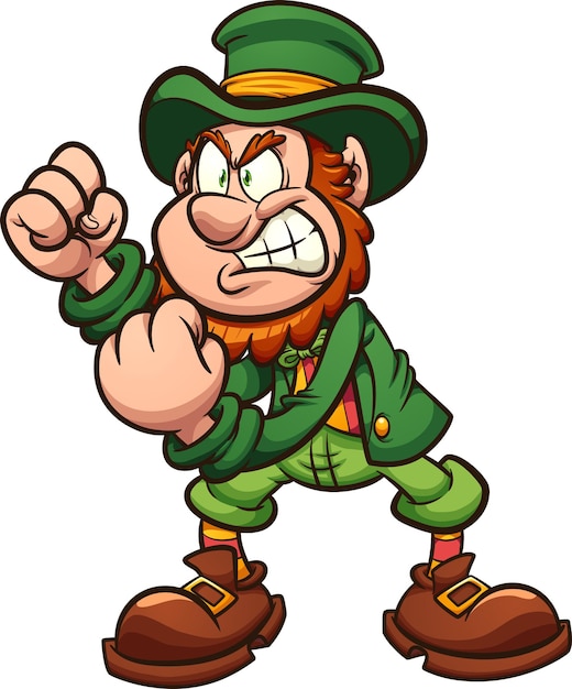 Angry leprechaun holding fists up ready to fight cartoon