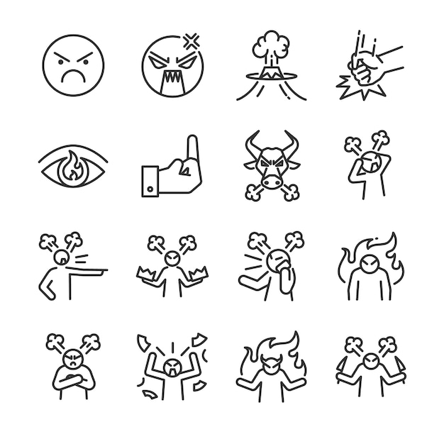 Angry line icon set.