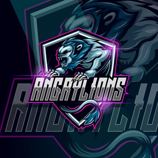 Angry lion esport logo design template vector illustration