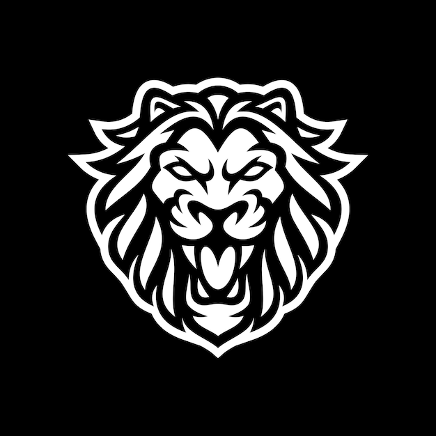怒っているライオン ライン アート ロゴ デザイン。暗い背景にライオン ヘッド髪たてがみクレスト ベクトル アイコン
