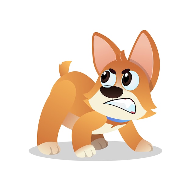 Vector angry little corgi growling and showing his teeth cartoon dog character standing in aggressive pose domestic animal concept vector illustration in flat style isolated on white background