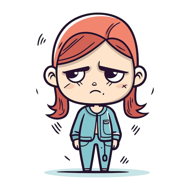Angry little girl in overalls vector illustration in cartoon style