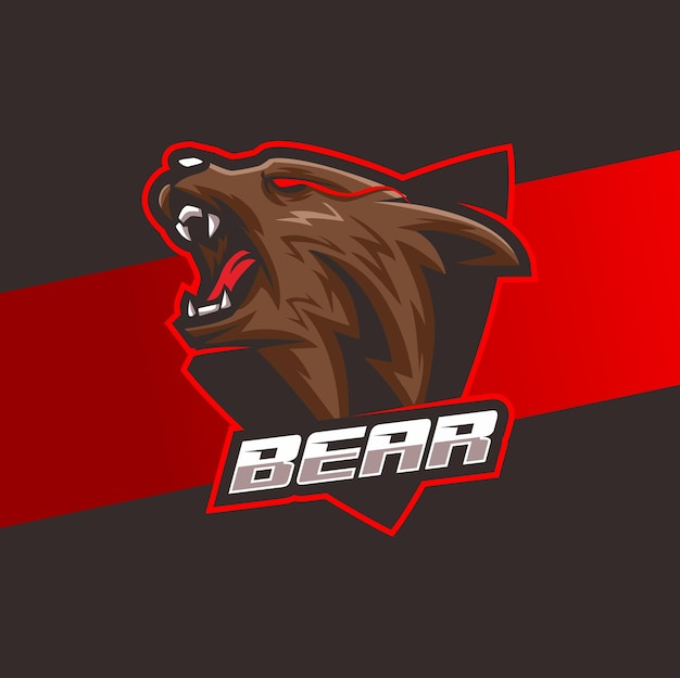Vettore mascotte con logo della testa di orso pazzo arrabbiato con etichetta a scudo per un potente design sportivo e sportivo