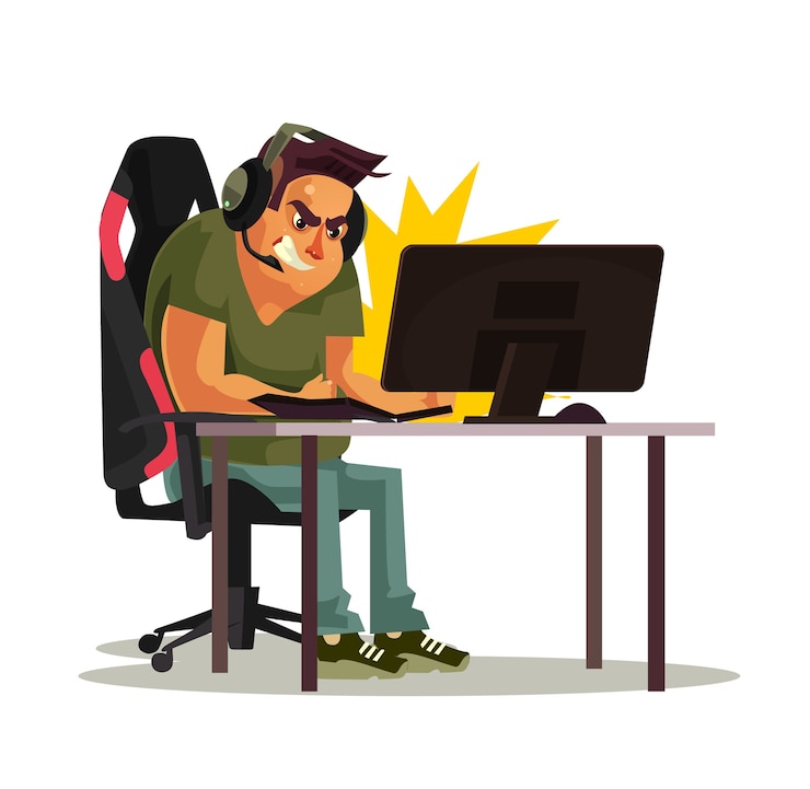 Vector angry mad gamer character lose game and hit punch pc keyboard, flat cartoon graphic