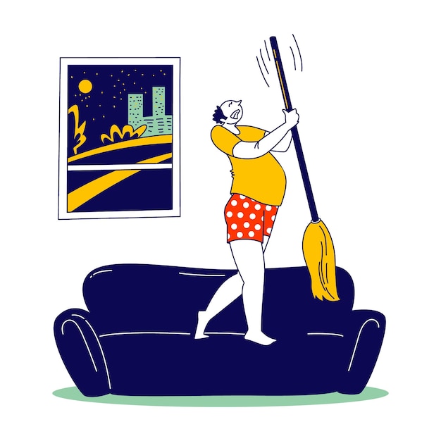 Angry Male Character Wearing Underwear Stand on Sofa Knocking Ceiling with Mop