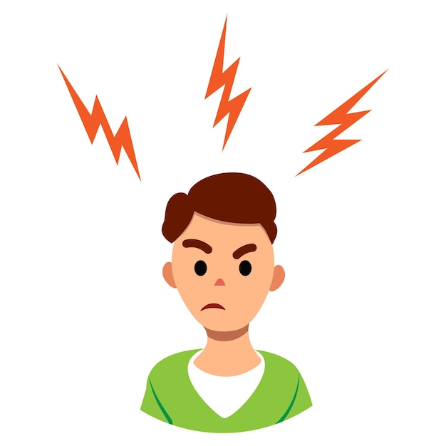 Angry man face with lightning Vector flat character negative emotions concept On edge avatar isolated on white background Mental health vector illustration