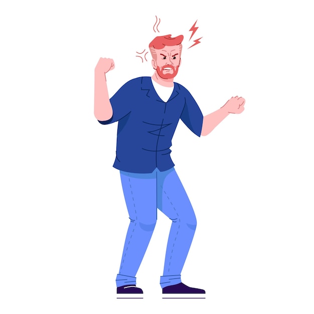 Angry man flat vector illustration. male aggression, violence. negative emotions. enraged guy clenching his fist isolated cartoon character with outline elements on white background