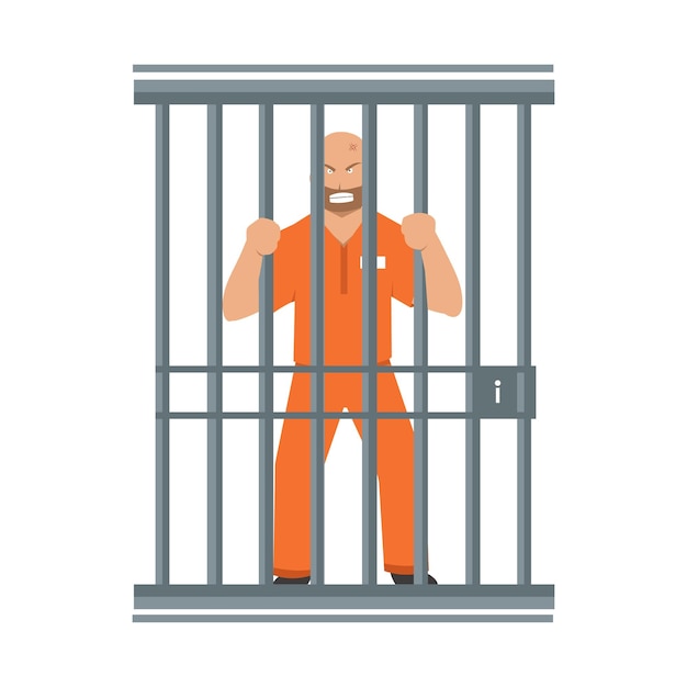 Vector angry man holding bars behind prison flat design
